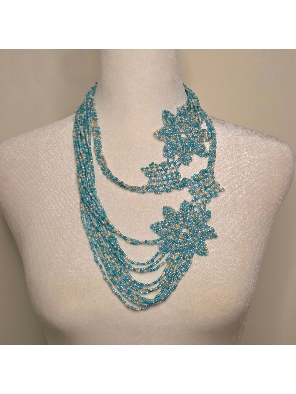 Native American Turquoise Blue Beaded Necklace, Layered w/ Statement Florals